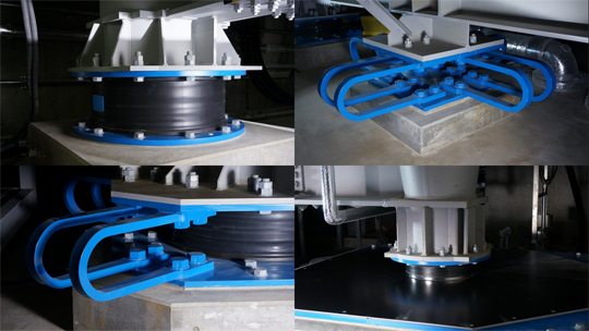 図3： 基礎免震構造としてのハイブリッド免震システム　4種類の積層ゴムアイソレータやダンパー