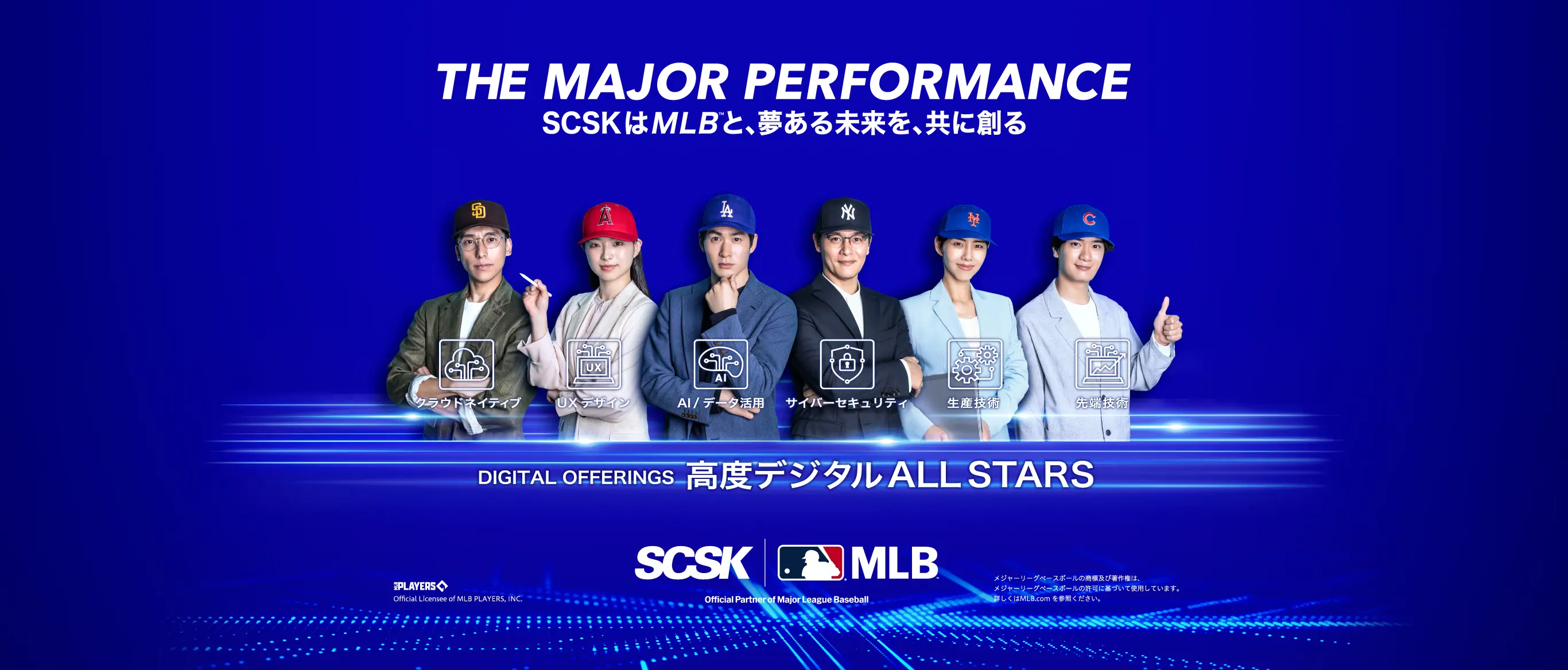 THE MAJOR PERFORMANCE / SCSKはMLBと、夢ある未来を、共に創る / クラウドネイティブ / UXデザイン / AI／データ活用 / サイバーセキュリティ / 生産技術 / 先端技術 / DIGITAL OFFERINGS 高度デジタルALL STARS / SCSK MLB / Official Partner of Major League Baseball