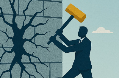 ハンマーで壁を打ち砕くスーツ姿の人物、IDaaS導入の障壁を乗り越えるイメージ