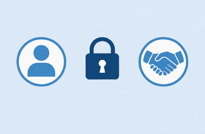 人物・錠・握手のアイコン、ID管理とセキュリティ、パートナー連携による認証統合のイメージ