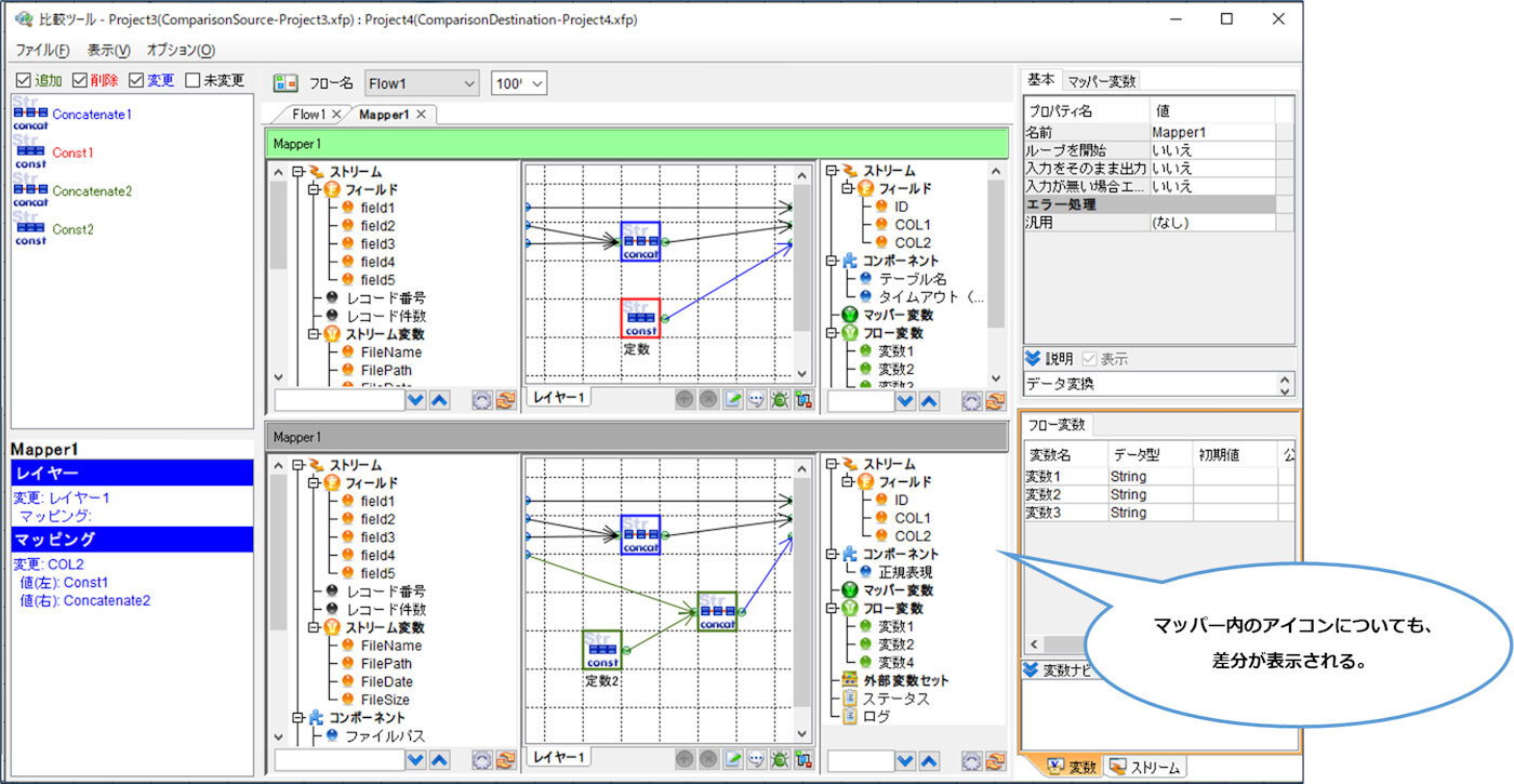 マッパー内のアイコンについても差分が表示され、細かな変更点を容易に把握可能