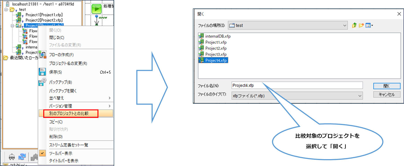 メニューから『別のプロジェクトとの比較』を選択し、比較対象のプロジェクトを指定するだけで差分確認を開始