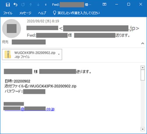 図1　Emotetの被害にあった企業が受信したメール（※1）※1：IPA 「Emotet」と呼ばれるウイルスへの感染を狙うメールについて（2020年9月）より